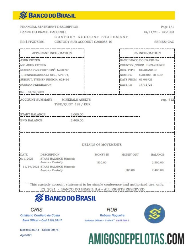 Extrato bancário realista do Brasil Banco do Brasil Modelo fácil de preencher em formato Excel e PDF